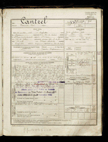 Cantrel, Edmond Léon, né le 31 juillet 1898 à Biefvillers-lès-Bapaume (Pas-de-Calais), classe 1918, matricule n° 931, Bureau de recrutement d'Amiens