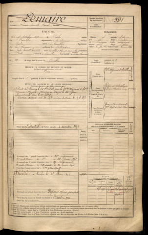 Lemaire, Louis Arnold Raoul, né le 17 octobre 1871 à Curlu (Somme), classe 1891, matricule n° 591, Bureau de recrutement de Péronne