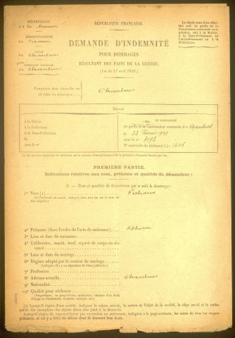 Chaulnes. Demande d'indemnisation des dommages de guerre : dossier Fichaux Alphonse