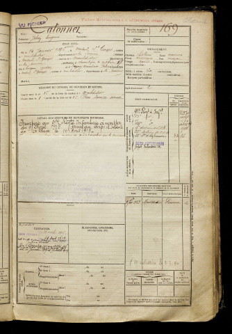 Catonnet, Julien Eugène, né le 14 janvier 1896 à Mesnil-Saint-Georges (Somme), classe 1916, matricule n° 169, Bureau de recrutement de Péronne
