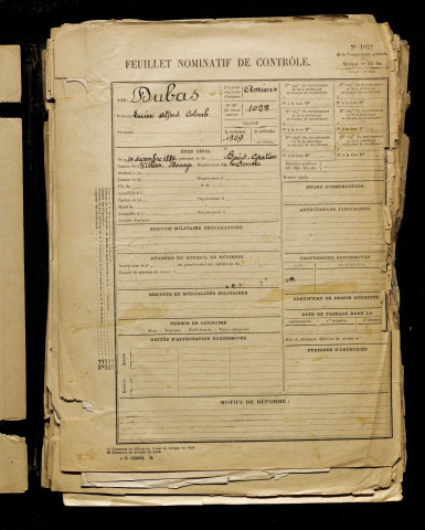 Dubas, Lucien Alfred Colomb, né le 10 décembre 1889 à Saint-Gratien (Somme), classe 1909, matricule n° 1023, Bureau de recrutement d'Amiens