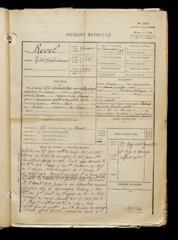 Revel, Robert Joseph Armand, né le 09 avril 1897 à Esclainvillers (Somme), classe 1917, matricule n° 265, Bureau de recrutement d'Amiens