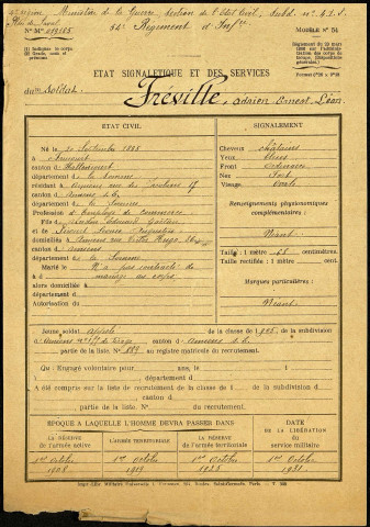 Fréville, Adrien Ernest Léon, né le 20 septembre 1885 à Frucourt (Somme), classe 1905, matricule n° 889, Bureau de recrutement d'Amiens