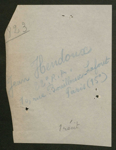 Témoignage de Hendoux, Jean et correspondance avec Jacques Péricard