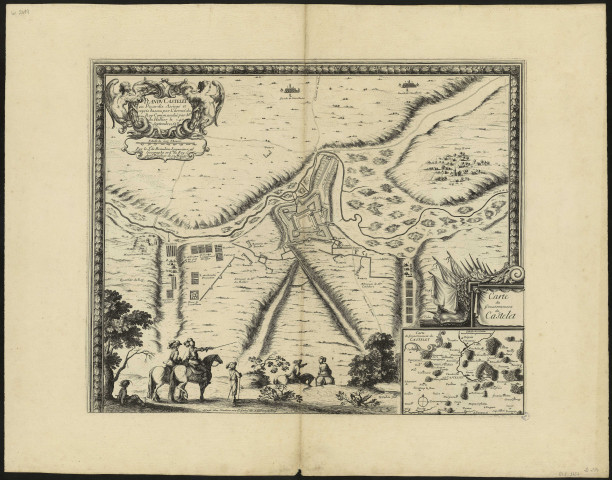Plan DV Castelet en Picardie assiégé et repris d'assau par l'armée du roy commandée par Mr du Hallier le 14 septembre 1638. En fenêtre la carte du gouvernement du Castelet