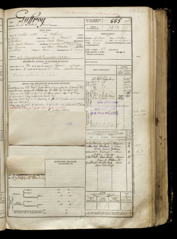 Guffroy, Emile Albert Fernand, né le 09 octobre 1896 à Athies (Somme), classe 1916, matricule n° 665, Bureau de recrutement de Péronne