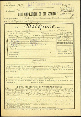 Delépine, Olivier, né le 14 avril 1892 à Amiens (Somme), classe 1914, matricule n° 316, Bureau de recrutement d'Amiens