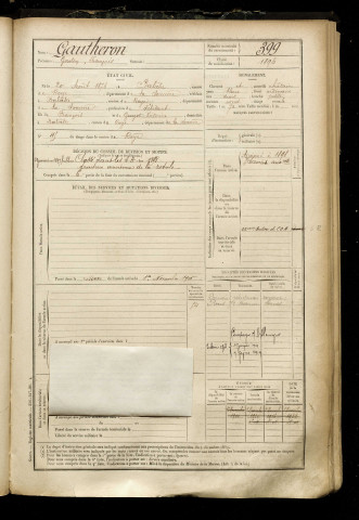 Gautheron, Gaston François, né le 20 août 1876 à Balâtre (Somme), classe 1896, matricule n° 399, Bureau de recrutement de Péronne