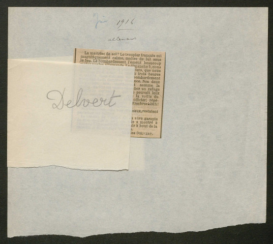 Témoignage de Delvert, Charles (Capitaine) et correspondance avec Jacques Péricard