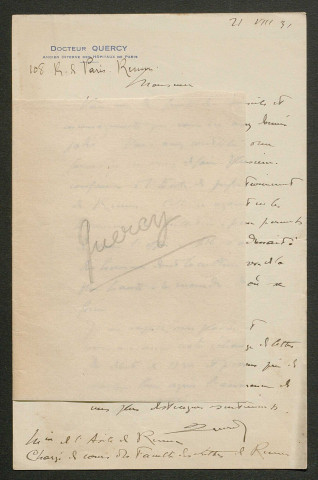 Témoignage de Quercy (Docteur) et correspondance avec Jacques Péricard