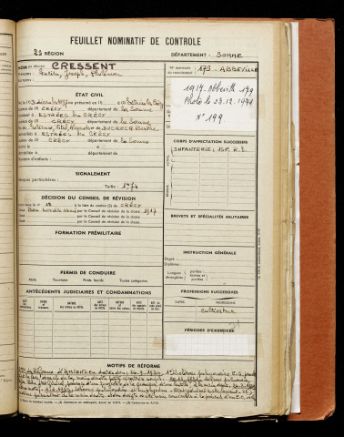 Cressent, Lucien Joseph Philémon, né le 03 décembre 1897 à Estrées-lès-Crécy (Somme), classe 1917, matricule n° 179, Bureau de recrutement d'Abbeville