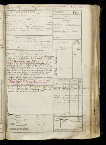 Dupont, Georges Eugène François, né le 20 août 1893 à Moreuil (Somme), classe 1913, matricule n° 829, Bureau de recrutement de Péronne
