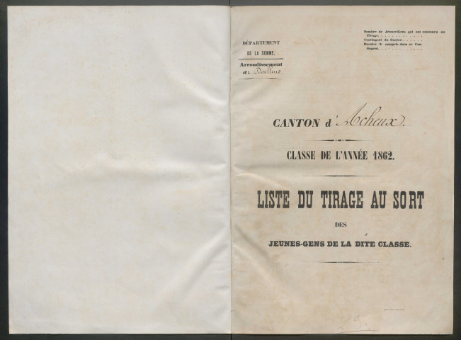 Tirage au sort (arrondissements de Doullens et de Montdidier) de l'année 1862