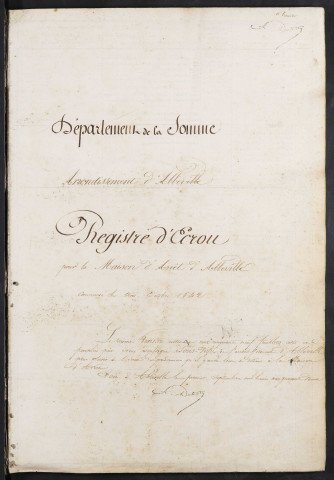 Maison d'arrêt d'Abbeville. Simple police. Registre d'écrou : numéros 1 à 457. 03 octobre 1842 - 18 décembre 1852