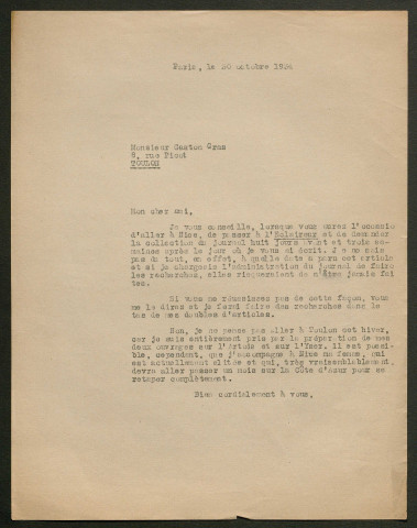 Témoignage de Gras, Gaston et correspondance avec Jacques Péricard