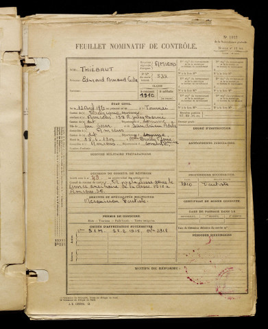 Thiébaut, Edmond Armand Victor, né le 12 avril 1872 à Tournai (Belgique), classe 1910, matricule n° 533, Bureau de recrutement d'Amiens
