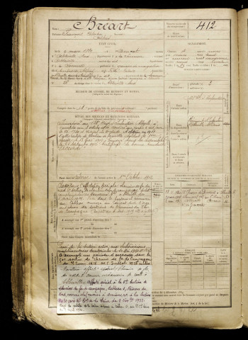 Bréart, François Célestin Alfred, né le 09 mars 1889 à Drucat (Somme), classe 1909, matricule n° 412, Bureau de recrutement d'Abbeville