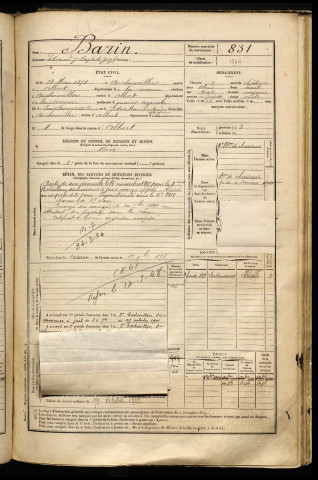 Bazin, Edmond Jean Baptiste Joseph, né le 28 mai 1874 à Auchonvillers (Somme), classe 1894, matricule n° 831, Bureau de recrutement de Péronne
