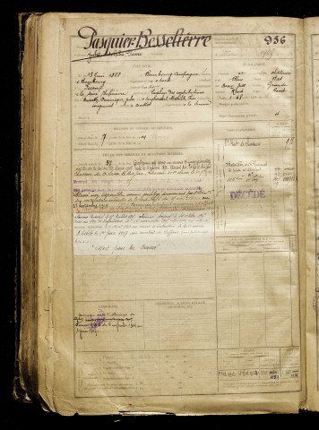 Pasquier Besselièvre, Jules Adolphe Pierre, né le 13 juin 1888 à Bourbourg-Campagne (Nord), classe 1908, matricule n° 956, Bureau de recrutement de Péronne