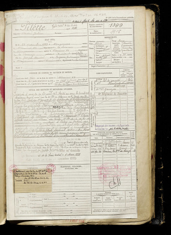 Pilette, André Julien, né le 23 décembre 1897 à Argoeuves (Somme), classe 1917, matricule n° 1399, Bureau de recrutement d'Amiens