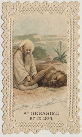 Image pieuse dentelle. Saint Gérasime et le lion.