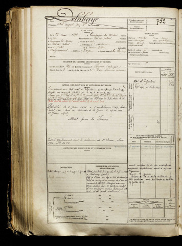 Delahaye, Abel Auguste Jean Baptiste, né le 23 mai 1896 à Campagne-lès-Hesdin (Pas-de-Calais), classe 1916, matricule n° 752, Bureau de recrutement de Péronne