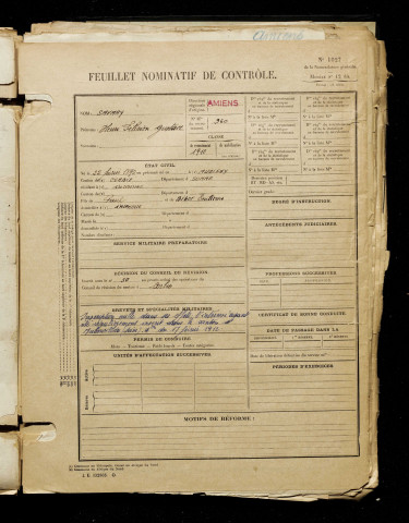 Savary, Henri Félicien Gustave, né le 22 février 1890 à Aubigny (Somme), classe 1910, matricule n° 960, Bureau de recrutement d'Amiens