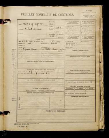 Delahaye, Robert Marceau, né le 27 août 1891 à Amiens (Somme), classe 1911, matricule n° 932, Bureau de recrutement d'Amiens