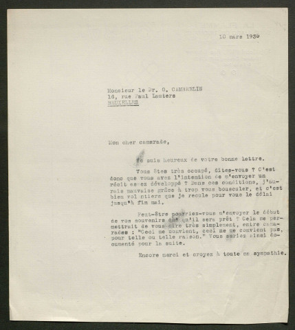 Témoignage de Cambrelin, G. (Médecin) et correspondance avec Jacques Péricard