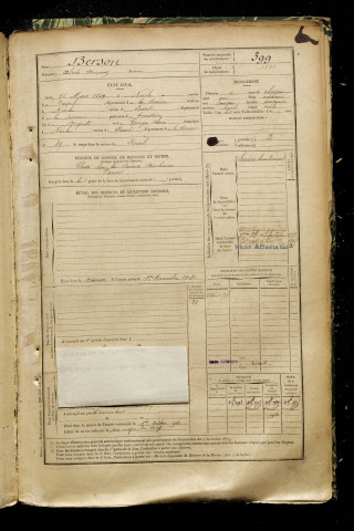 Berson, Alcide Armand, né le 15 mars 1879 à Nurlu (Somme), classe 1899, matricule n° 399, Bureau de recrutement de Péronne