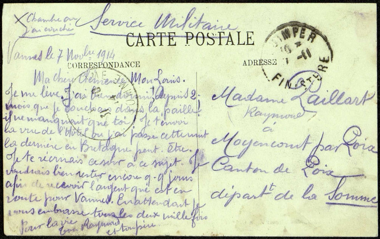 Carte postale intitulée "Quimper. L'avenue de la gare et l'Hôtel de la gare". Correspondance de Raymond Paillart à sa femme Clémence