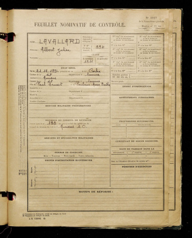 Lavallard, Albert Julien, né le 21 décembre 1891 à Corbie (Somme), classe 1911, matricule n° 994, Bureau de recrutement d'Amiens