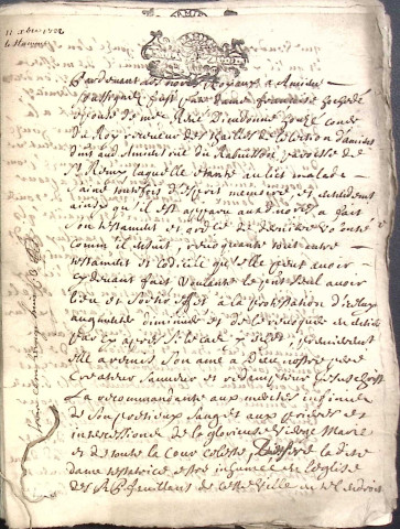 Etude de Me Adrien Dehen à Amiens (étude n°24). Minutes de l'année 1722