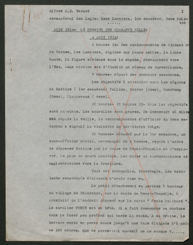 Témoignage de Evrard, Alfred Jean Baptiste (Capitaine - ex Maréchal des logis) et correspondance avec Jacques Péricard