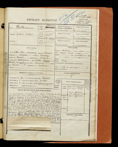 Béthermin, Gustave Arthur, né le 07 mai 1892 à Ronssoy (Somme), classe 1912, matricule n° 996, Bureau de recrutement de Péronne