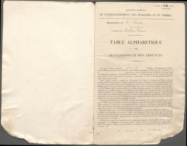 Table des successions et absences du bureau de Molliens-Vidame