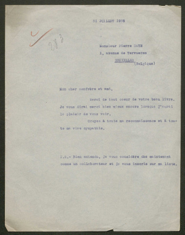 Témoignage de Daye, Pierre et correspondance avec Jacques Péricard