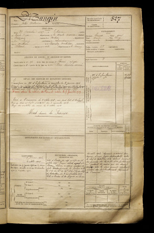 Mangin, Jules Antoine, né le 27 décembre 1897 à Éclaron-Braucourt-Sainte-Livière (Haute-Marne), classe 1917, matricule n° 527, Bureau de recrutement de Péronne