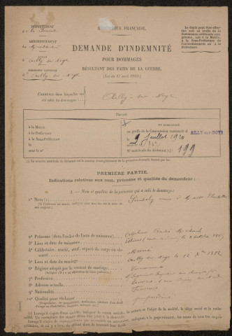 Ailly-sur-Noye. Demande d'indemnisation des dommages de guerre : dossier Sindely-Masse