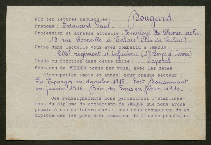 Témoignage de Bougard, Edouard et correspondance avec Jacques Péricard