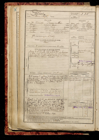 Colnot, Flavien Valentin, né le 24 février 1873 à Lannoy-Cuillère (Oise), classe 1893, matricule n° 530, Bureau de recrutement d'Amiens