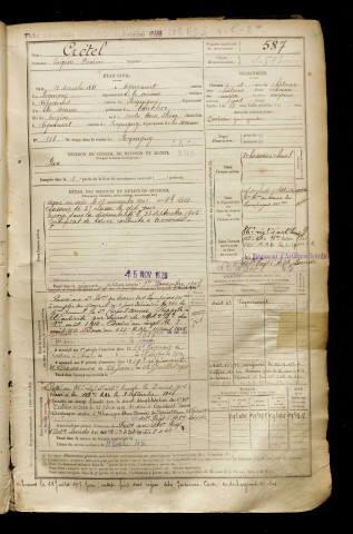 Crétel, Eugène Maxime, né le 21 décembre 1881 à Vignacourt (Somme), classe 1901, matricule n° 587, Bureau de recrutement d'Amiens