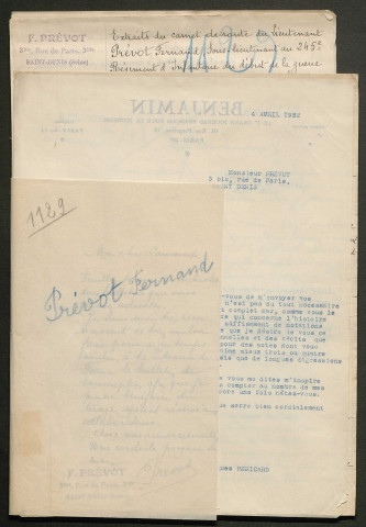 Témoignage de Prévot, Fernand (Sous-lieutenant) et correspondance avec Jacques Péricard