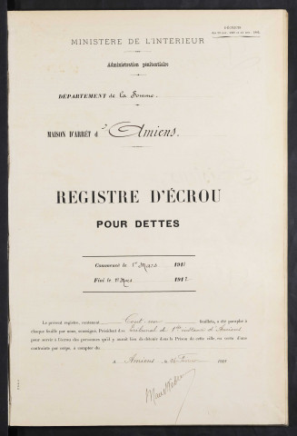 Maison d'arrêt d'Amiens. Dettiers. Registre d'écrou : numéros 1 à 303. 01 mars 1911 - 11 mars 1912