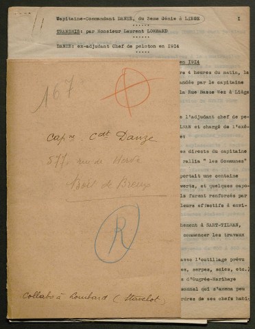 Témoignage de Danze (Capitaine commandant - ex addjudant chef de peloton en 1914) et correspondance avec Jacques Péricard