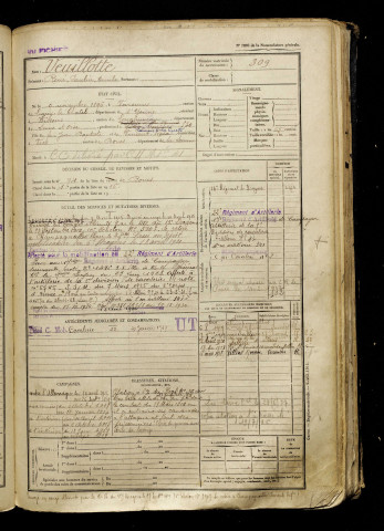 Veuillotte, René Paulin Emile, né le 09 novembre 1896 à Varennes (Yonne), classe 1916, matricule n° 309, Bureau de recrutement d'Amiens