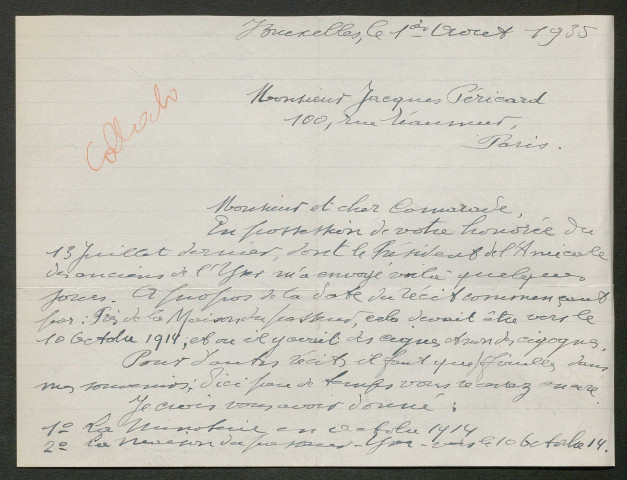 Témoignage de Delforge, Théodule Paul (Sergent fourrier) et correspondance avec Jacques Péricard
