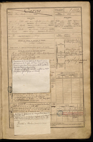 Caron, Henri Charles, né le 07 juillet 1867 à Chipilly (Somme), classe 1887, matricule n° 1012, Bureau de recrutement de Péronne