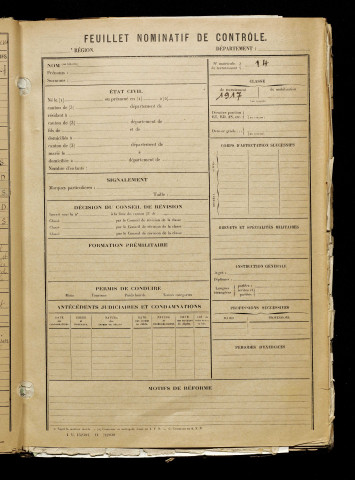 Inconnu, classe 1917, matricule n° 14, Bureau de recrutement d'Amiens