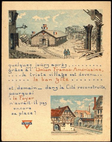 Carte en quadrichromie de l'Union Franco-Américaine éditée par YMCA, illustrant les ravages de la guerre et la reconstruction